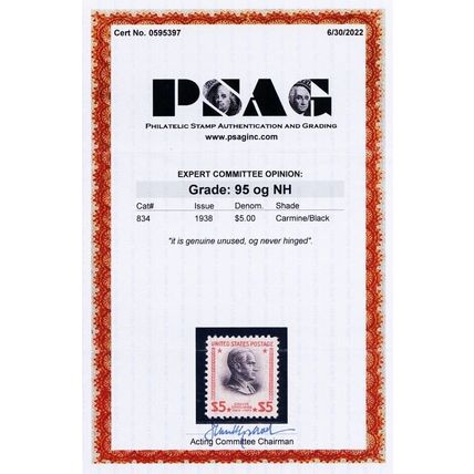 834, Mint XF/Superb NH $5 With PSAG Graded 95 Certificate * Stuart Katz