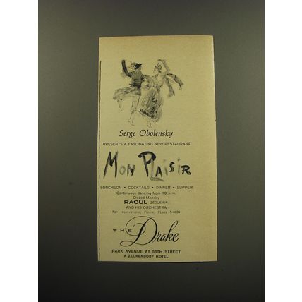 1959 The Drake Hotel Ad - Serge Obolensky presents a new Restaurant Mon Plaisir