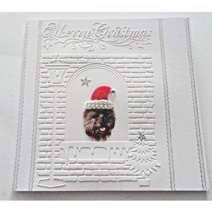CAIRN TERRIER HAND MADE 6" X 6" CHRISTMAS CARD WITH A FELT XMAS HAT
