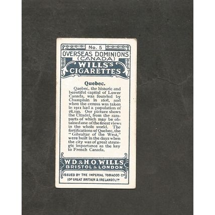 Cigarette Cards Wills Overseas Dominions Canada 1914 #5 Quebec