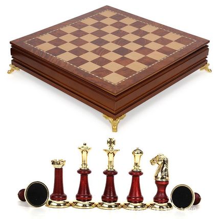 Luxury Metal + Solid Wood Chess Set – 40x40cm Folding Board with Storage