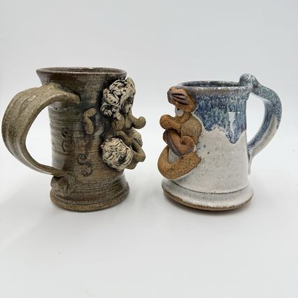 Pair Ugly Face Studio Art Pottery Drip 5” Blue Gray Coffee Mug Stoneware Handmad