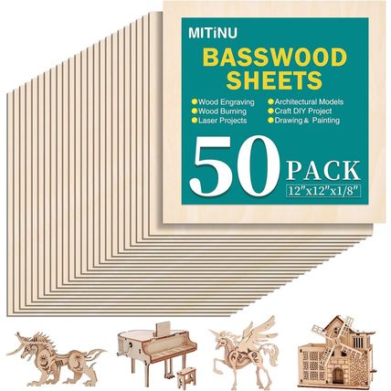 50 Pack Basswood Sheets for Crafts,12"X12"X1/8" 3Mm Thick Plywood Sheets with Sm