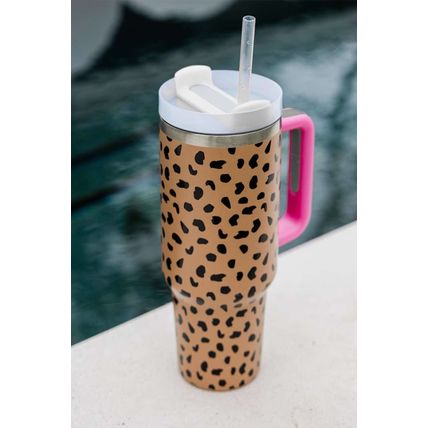 Brown Leopard Printed Handled Cup with Straw 40oz