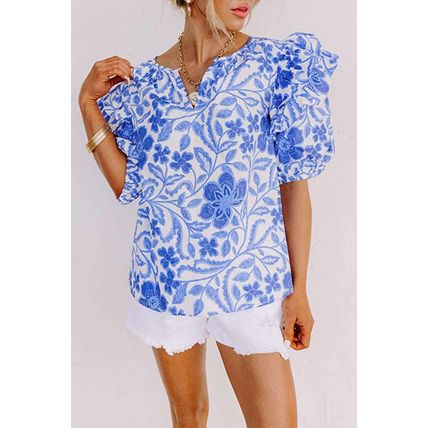 Dark Blue Floral Print Ruffled Bubble Sleeve Blouse