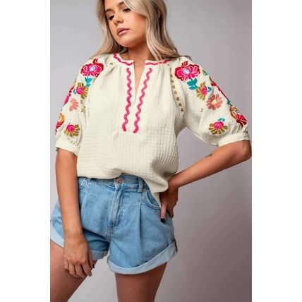 Beige Floral Embroidered Ricrac Puff Sleeve Textured Blouse