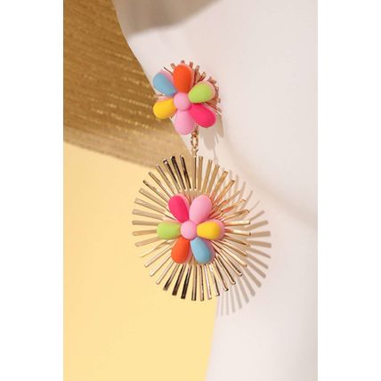 Red Colorful Flower Gold-pleated Dangle Earrings
