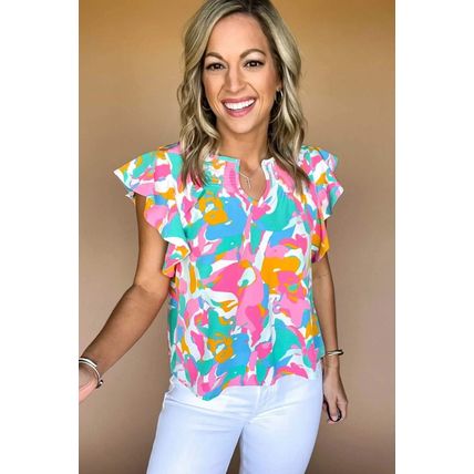 Multicolour Abstract Print Notched Neck Flutter Sleeve Blouse