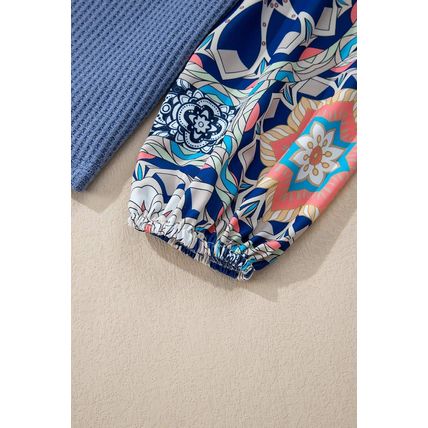 Ashleigh Blue Ruffled Floral Sleeve Patchwork Waffle Knit O Neck Blouse