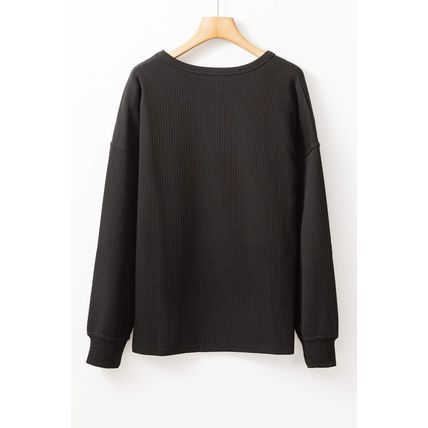Black Solid Color Corded Drop Shoulder Long Sleeve Top