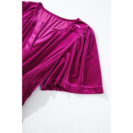 Red Dahlia Velvet Short Sleeve Shirred Waist Tiered Maxi Dress