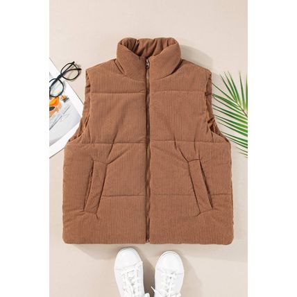 Coffee Corduroy Stand Neck Zipped Puffer Vest