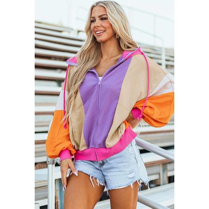 Grapefruit Orange Oversized Colorblock Patchwork Full Zipped Hoodie
