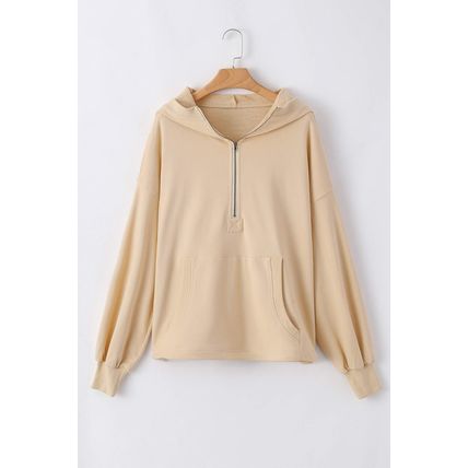 Parchment Solid Kangaroo Pocket Half Zipper Oversized Hoodie