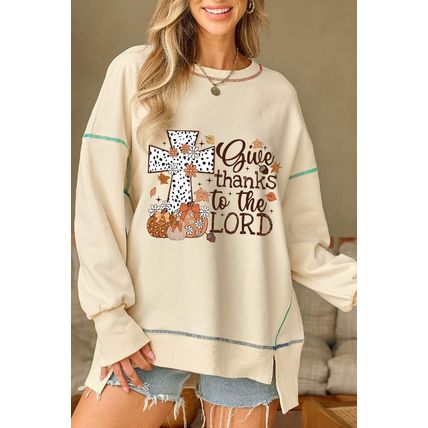 White Give Thanks to the LORD Graphic High Low Hem Loose Sweatshirt