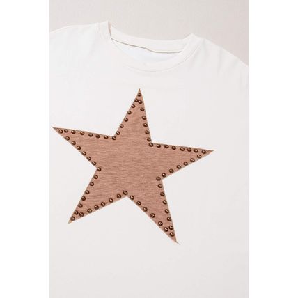 Beige Star Shape Studded Crew Neck Plus Size Long Sleeve Top
