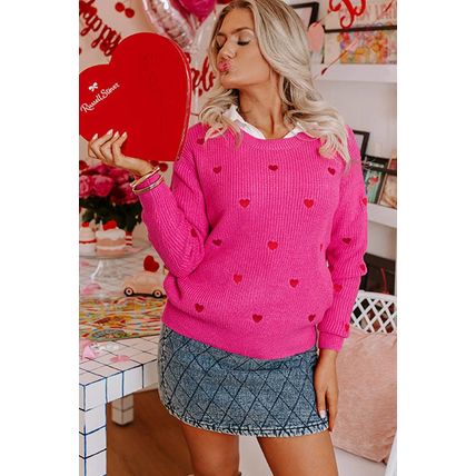 Rose Red Heart Shape Drop Shoulder Round Neck Sweater