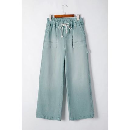 Smoke Green Mineral Wash Drawstring High Waist Wide Leg Jeans