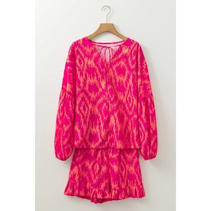 Rose Western Aztec Geometric Print Top and Ruffled Shorts Set