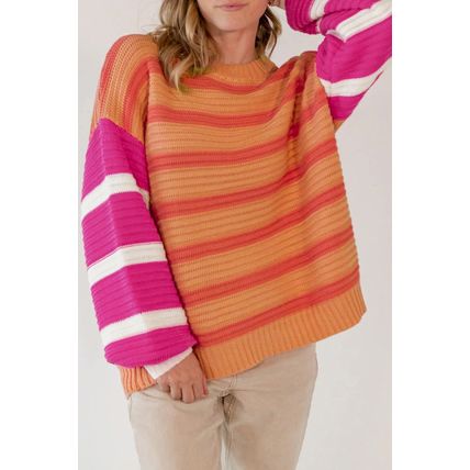 Orange Stripe Colorblock Crew Neck Drop Shoulder Loose Sweater