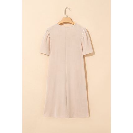 Parchment Corded Knit Crew Neck Puff Sleeve Shift Mini Dress