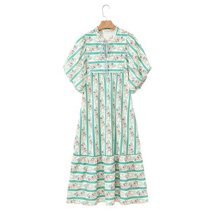 Multicolour Striped Floral Print Tie Split Neck Puff Sleeve Midi Dress