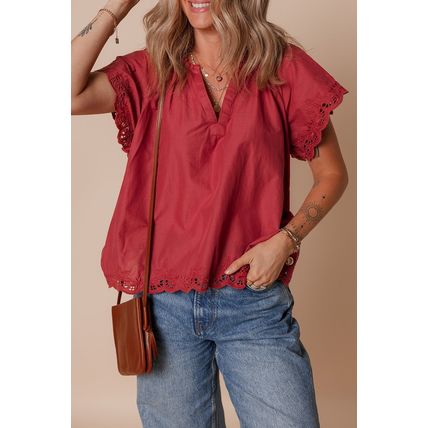 Red Dahlia Floral Embroidered Scallop Trim Short Sleeve V Neck Blouse