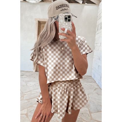 Brown Checkerboard T Shirt and High Waist Skorts 2 Piece Outfit