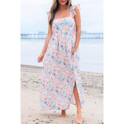 Pink Floral Print Square Neck Backless Long Dress with Slit