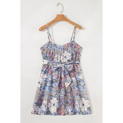 Sky Blue Floral Tiered Patchwork Spaghetti Strap Vacation Dress