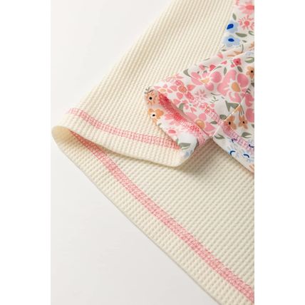 Beige Floral Patchwork Chest Pocket Wide Sleeve Waffle T Shirt