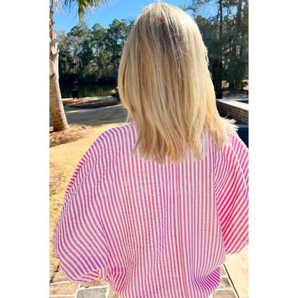 Sachet Pink Striped Print Contrast Split Neck Dolman Sleeve Blouse