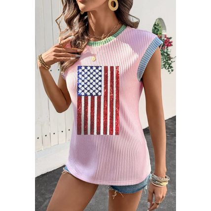 Pink Colorblock Edge Twisted Rib Texture Sequin American Flag Casual T Shirt