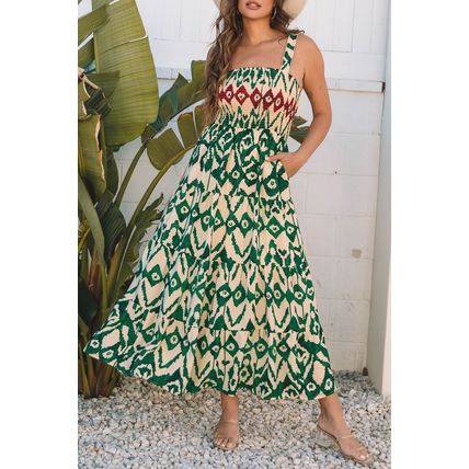 Green Western Aztec Shirred A-line Sleeveless Maxi Dress