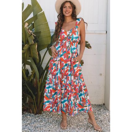 Red Boho Floral Ruffled Strap V Neck Maxi Dress