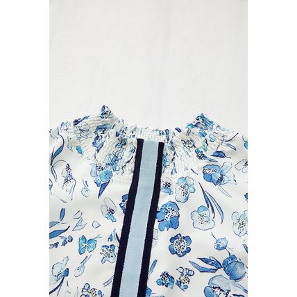 Sky Blue Floral Print Ruffled Short Sleeve Blouse
