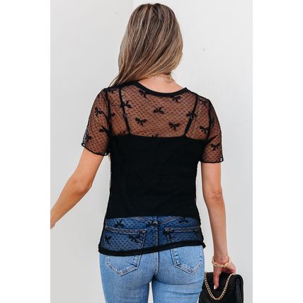 Black Bow Knot Dotted See-through Mesh Patched Slim Fit Blouse