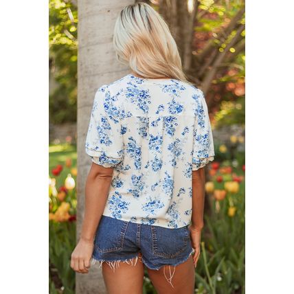 Sky Blue Floral Tiered Puff Short Sleeve Pleated Bust Buttoned Casual Shirt