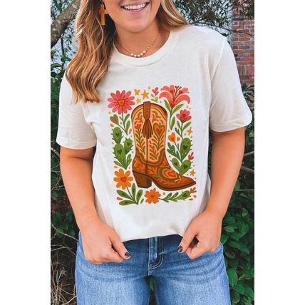 White Western Floral Boots Printed Casual Cotton Blend T Shirt