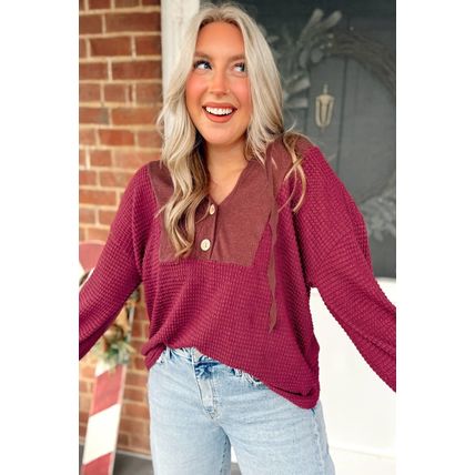 Racing Red Waffle Patchwork Drop Shoulder Hooded Long Sleeve Top