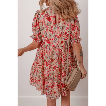 Multicolour Floral Print Frilled Neck Puff Sleeve High Waist Dress