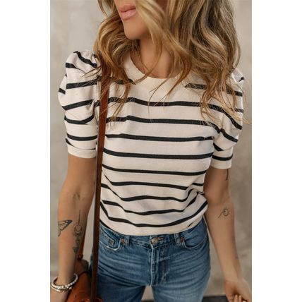 Black Stripe Ribbed Trim Round Neck Bubble Sleeve Knitted Top