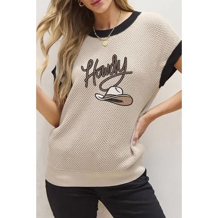 Light French Beige Howdy Cowboy Hat Embroidered Short Sleeve Sweater