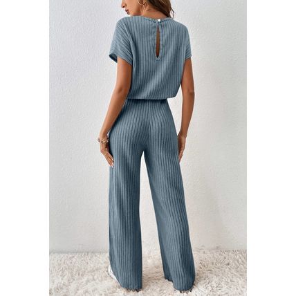 Dusk Blue Ribbed Keyhole Short Sleeve Wide Leg Jumpsuit
