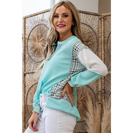 Aruba Blue Corded Texture Plaid Colorblock Patchwork Split Neck Long Sleeve Top