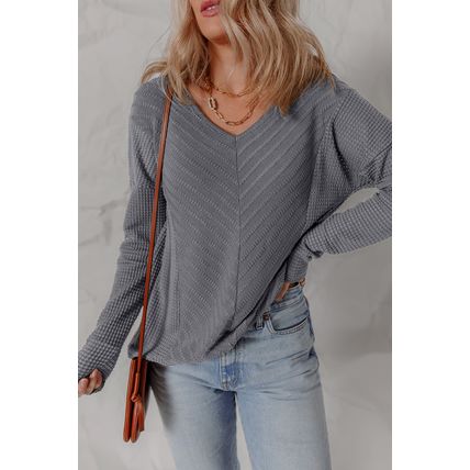 Sleet V Neck Chevron Texture Patchwork Long Sleeve Knit Top