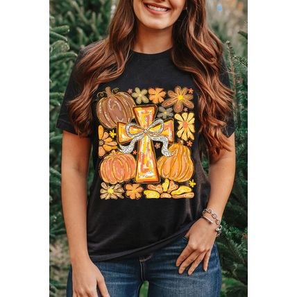 Black Thanksgiving Pray Cross Pumpkin Graphic Cotton Blend Tee