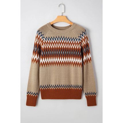 Khaki Aztec Print Colorblock Crew Neck Sweater