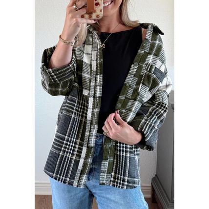 Black Plaid Print Textured Knit Buttoned Shacket
