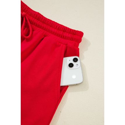 Fiery Red Varsity Striped Sleeve Drop Shoulder Sweatshirt and Short Set